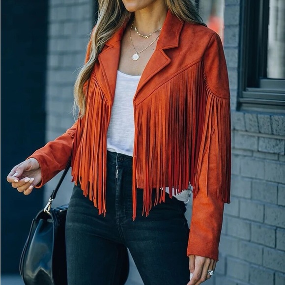 Orange Boho Tassel faux suede women fringe jacket long sleeve jacket - Picture 5 of 11